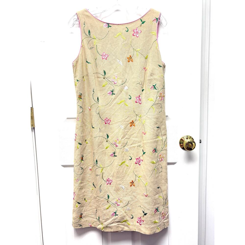 Sheri Martin Dress Vintage Linen Embroidered Floral Sheath Beige Women’s Size 10